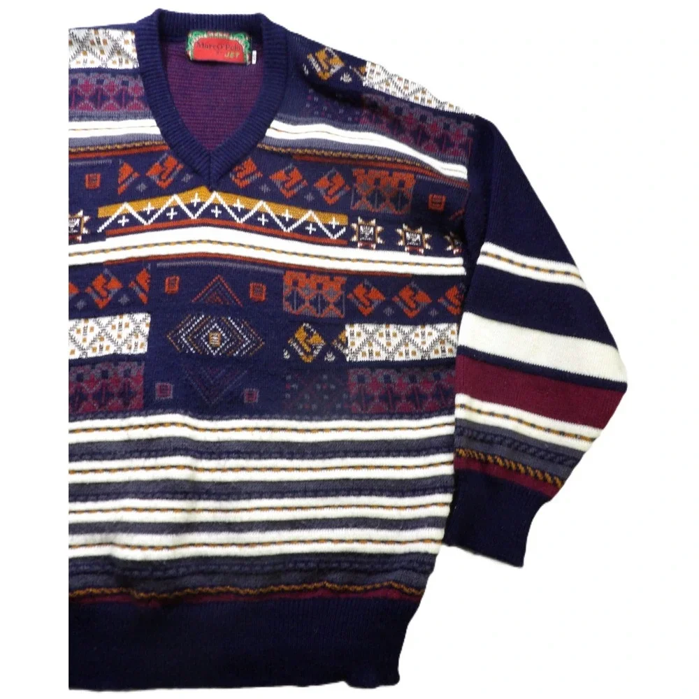 VTG Marc O'Polo 80s V-Neck Geometric Sweater Men 40 Navy Multicolored Wool Knit